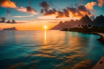 Stunning colorful sunset sky with clouds on the horizon of the South Pacific Ocean. Lagoon landscape in Moorea. Luxury travel. - obrazy, fototapety, plakaty