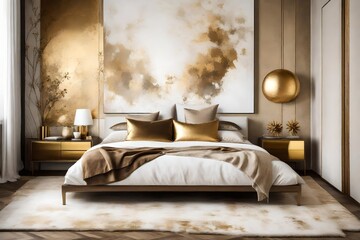 Neutral toned bedroom with white canvas painting as focal point, accented with gold and brown colors.