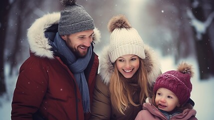 Fototapeta premium A family of three, including two adults and a child, poses for a picture in the snow.
