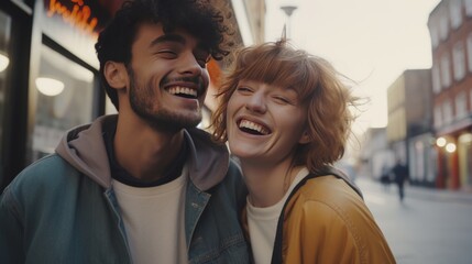 Laughing couple sharing joyful moments together - obrazy, fototapety, plakaty