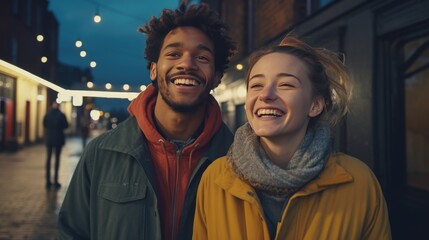 A Smiling Couple Posing for a Photo - obrazy, fototapety, plakaty