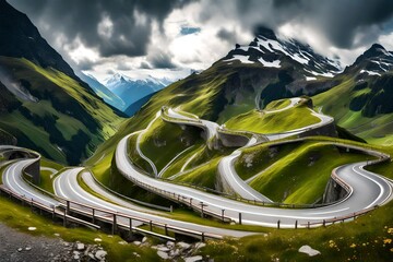 Panoramic Image of Grossglockner Alpine Road. Curvy Winding Road in Alps. - obrazy, fototapety, plakaty