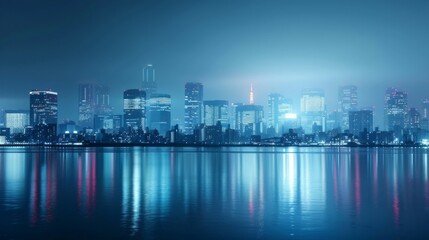 Fototapeta na wymiar Urban Dreamscape: Nighttime Skyline Reflection over Water