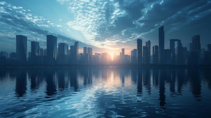 Fototapeta premium Reflective City Skyline at Sunset Over Water