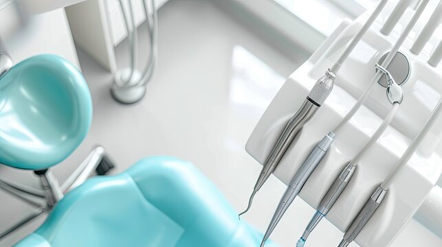 Dentist equipment (right) on a reflective white background, top view, flat lay, clean lines, strong global illumination. AI Generated.