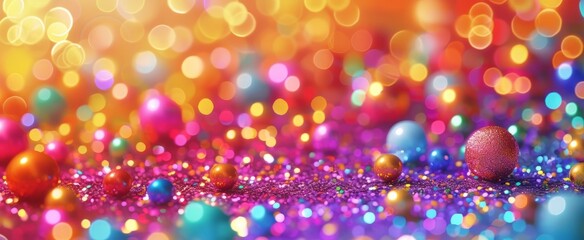 Fototapeta na wymiar Vibrant Festive Abstract Background with Sparkling Bokeh Lights and Colorful Glitter Balls for Holiday Celebrations and Party Atmosphere