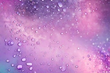 Water and drops on shimmering holographic abstract lilac pink purple background with copy space...