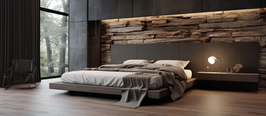 Luxurious bedroom interior with dark tone bedding modern style stone and wooden headboard wooden floor