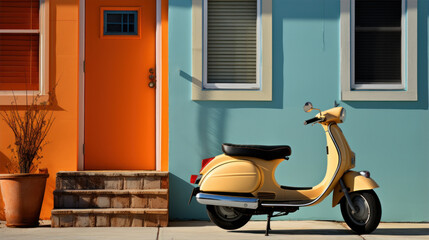 The picture shows a blue scooter parked in front of a building.