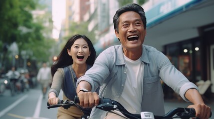 A Young Couple Riding Bicycles and Laughing in the City - obrazy, fototapety, plakaty