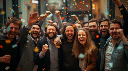 A group of work colleagues stand close together and beam with joy at a shared success.