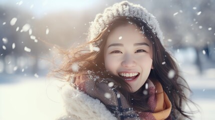 Beautiful smiling woman in winter clothing - obrazy, fototapety, plakaty