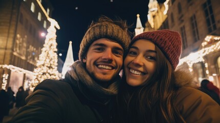 Obraz premium A Couple Smiling and Posing for a Photo at Christmas Time