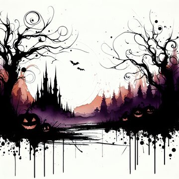 Halloween background in ink paint with Generative AI.
