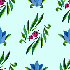 Bright watercolor drawing in decorative style. Seamless background. Stylized leaves and flowers on a light background.
