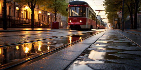 tram in the night, Yellow tram on the city street black  - obrazy, fototapety, plakaty