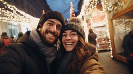 A happy young couple poses for a picture during the holiday season