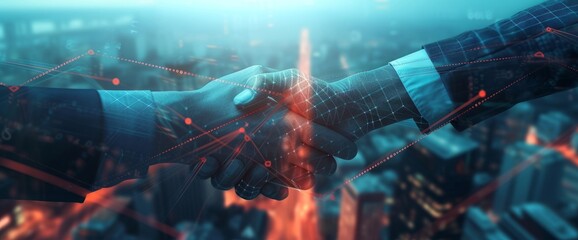Conceptual image of a digital handshake set against a background of a busy cityscape representing technology and business deals. The business and economic agreement has been completed. - obrazy, fototapety, plakaty