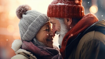 A couple in winter clothing sharing a kiss under the mistletoe.