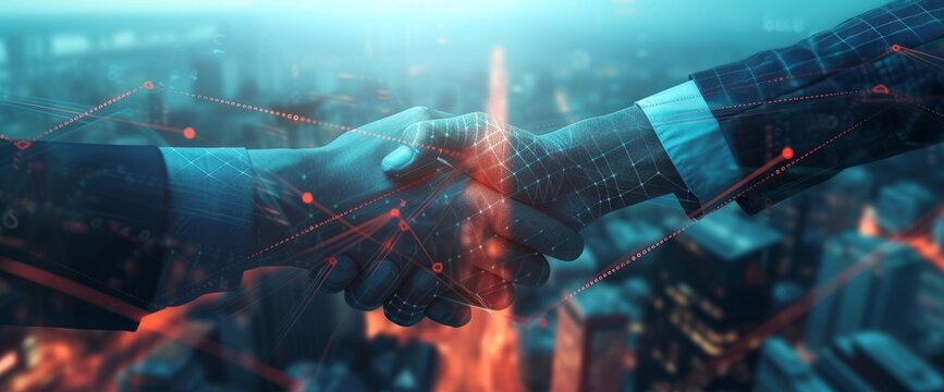 Conceptual image of a digital handshake set against a background of a busy cityscape representing technology and business deals. The business and economic agreement has been completed.