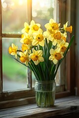 Easter Bouquet Delight: Vibrant Daffodils in Clay Pot on Wall