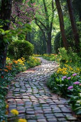 Scenic Winding Path Through Beautiful Blooming Spring Forest