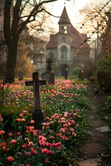 Old Church Graveyard with Blooming Spring Plants Surrounding Cross