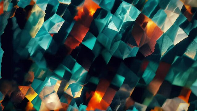 Dynamic VJ loop featuring an abstract pattern of vibrant multicolored cubes, arranged to create a sense of movement and energy. With shades of blue, green, and orange