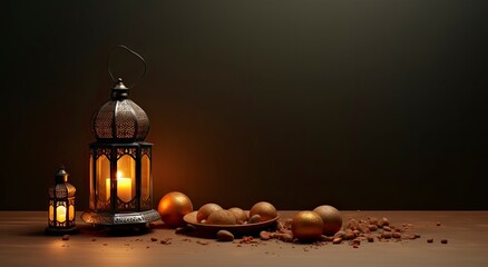 eid ul adha, moon , lantern, banner, background brown, dates bowl, realistic, generative ai - obrazy, fototapety, plakaty