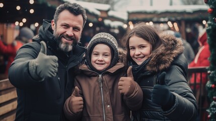 A Family of Three Posing for a Photo in Winter - obrazy, fototapety, plakaty