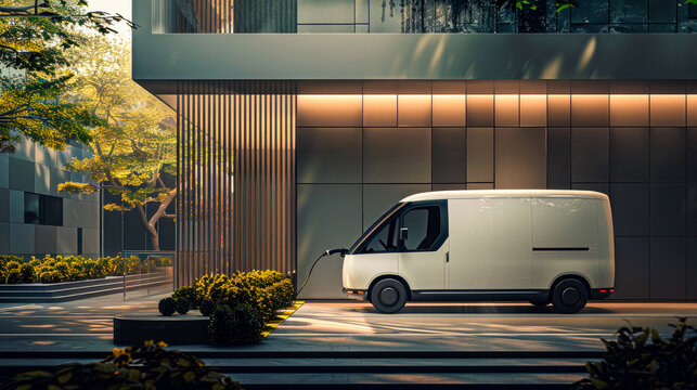 White futuristic electric mini van and charging station by modern office building wall. EV charging process, smart technology concept. - Powered by Adobe