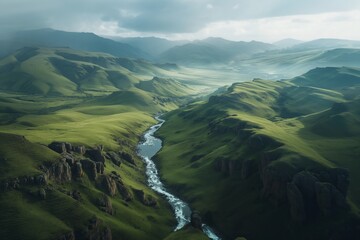 The River Flows Across the Green Hills