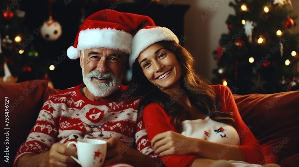 Wall mural a cozy christmas scene featuring an old man and a young woman wearing santa hats, hugging and enjoyi