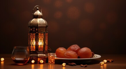 eid ul adha, moon , lantern, banner, background brown, dates bowl, realistic, generative ai - obrazy, fototapety, plakaty