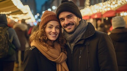 A couple posing together for a picture during the holiday season.