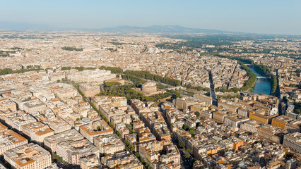 Rome, Italy. General panorama of the city. Castel Sant Angelo. Evening time, Aerial View