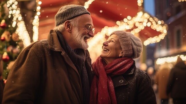 An elderly couple smiling and embracing each other in front of a festive stringed light display