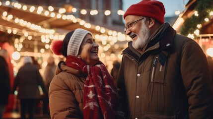 An elderly couple smiling each other in front of a festive display of lights, likely as a christmas or new year event.