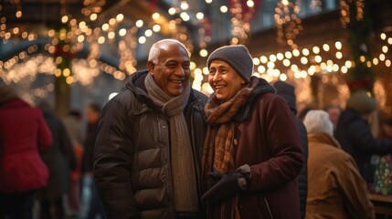 An elderly indian couple enjoying their evening time together in warm cloth during the winter holiday season.
