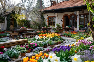 Fototapeta na wymiar German Style House Overlooking Easter Blooms in European Garden