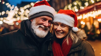 A Smiling Old Couple Wearing Santa Hats