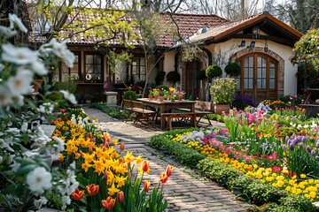 Fototapeta na wymiar Easter Amidst Blooming European Garden with House in Background
