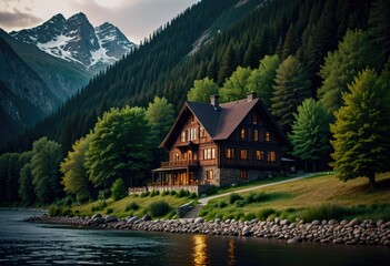 Fototapeta na wymiar A picturesque house nestled near a river and mountains, surrounded by natural beauty and tranquility by ai generated