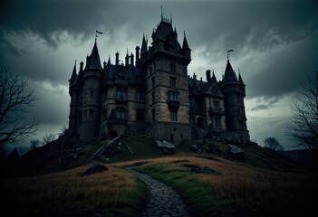 A spooky castle shrouded in horror, enveloped in gloomy darkness, evoking a sense of eerie foreboding by ai generated - obrazy, fototapety, plakaty