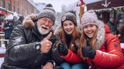 Fototapeta premium Positive older man surrounded by two smiling women in winter, Fictional Character Created By Generated AI.