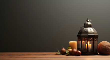 eid ul adha, moon , lantern, banner, background brown, dates bowl, realistic, generative ai