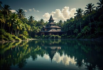 A tropical resort situated on a serene lake by ai generated