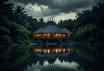 Fototapeta na wymiar A tropical resort situated on a serene lake by ai generated