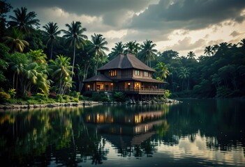 A tropical resort situated on a serene lake by ai generated