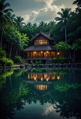 Fototapeta na wymiar A tropical resort situated on a serene lake by ai generated